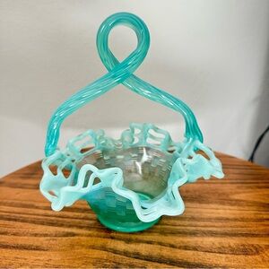 Vintage Fenton Aqua Opalescent Basket With Twisted Looped Handle